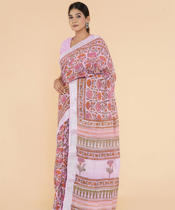 Pink pink hand sanganeri printed cotton saree