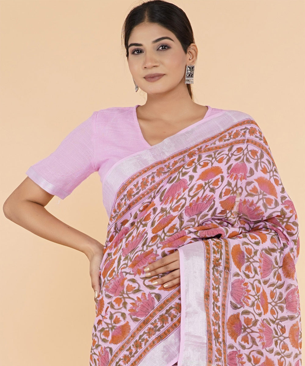 Pink pink hand sanganeri printed cotton saree