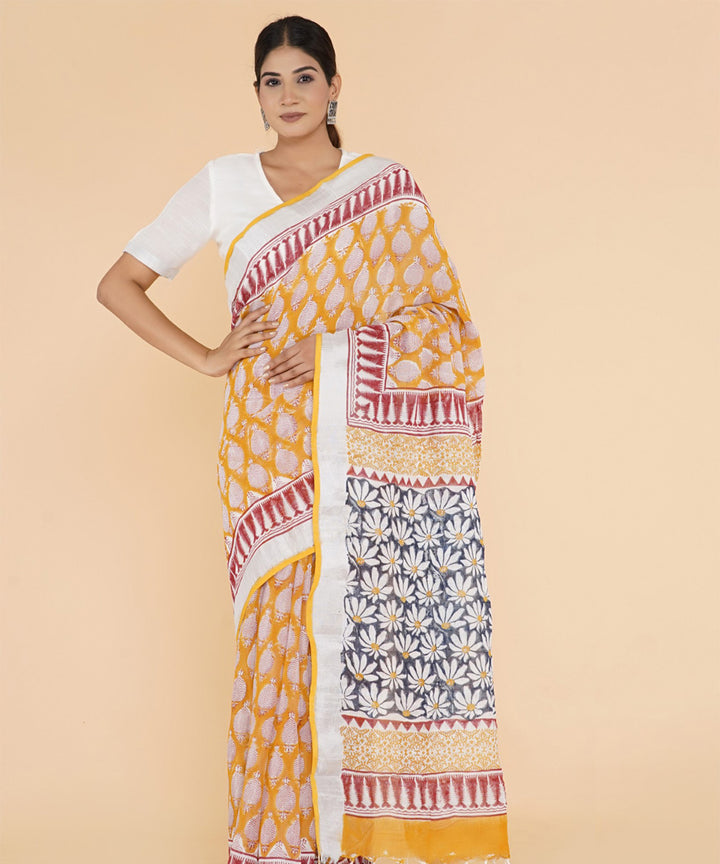 Yellow red black hand sanganeri printed cotton saree