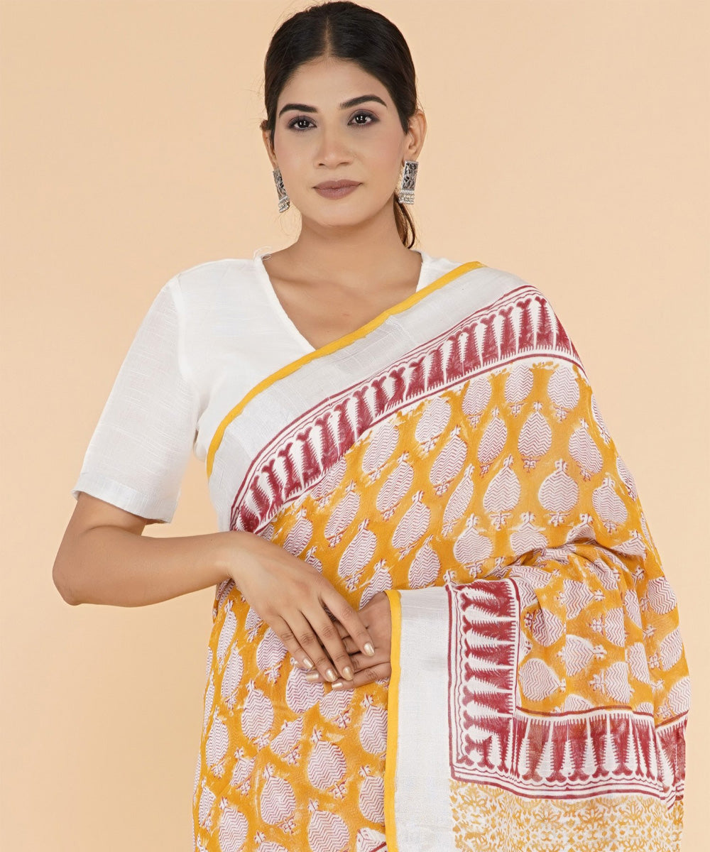 Yellow red black hand sanganeri printed cotton saree