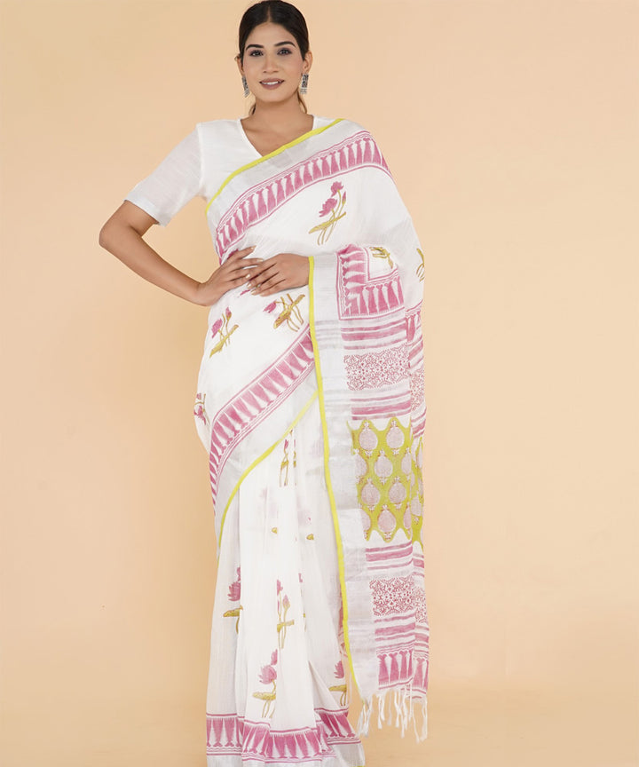 Pink offwhite hand sanganeri printed cotton saree