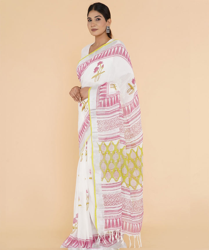 Pink offwhite hand sanganeri printed cotton saree