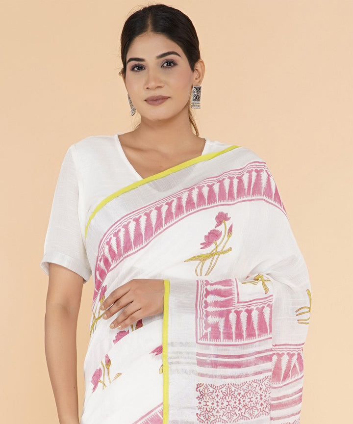 Pink offwhite hand sanganeri printed cotton saree