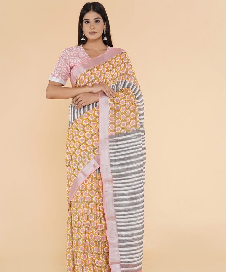 Mustard black hand sanganeri printed cotton saree