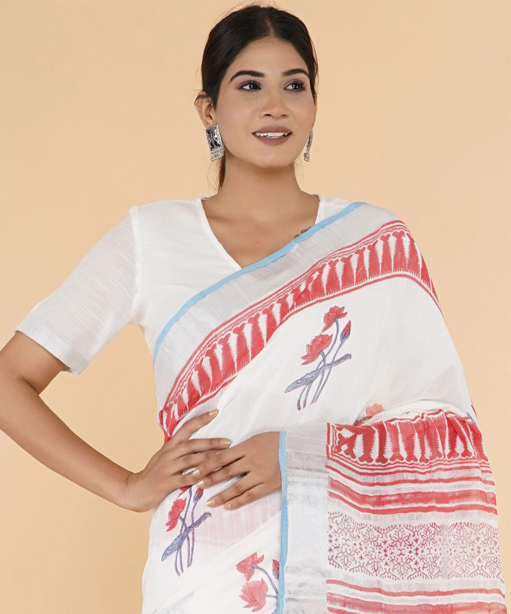 Red offwhite hand sanganeri printed cotton saree