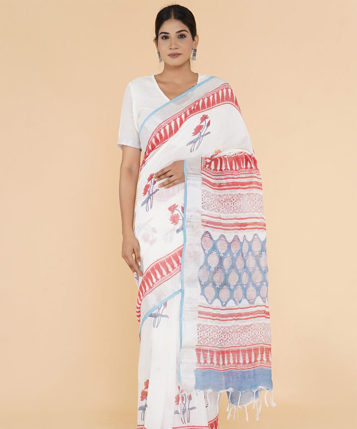 Red offwhite hand sanganeri printed cotton saree