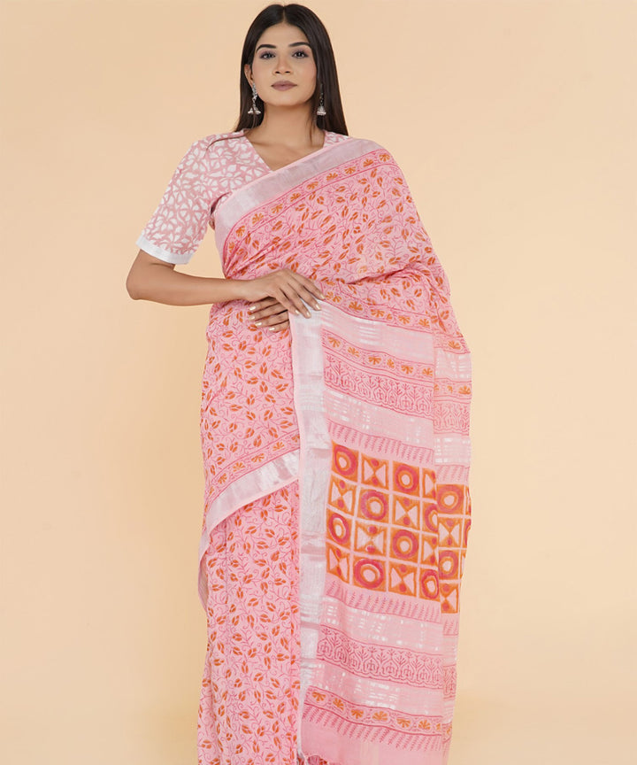 Pink red hand sanganeri printed cotton saree