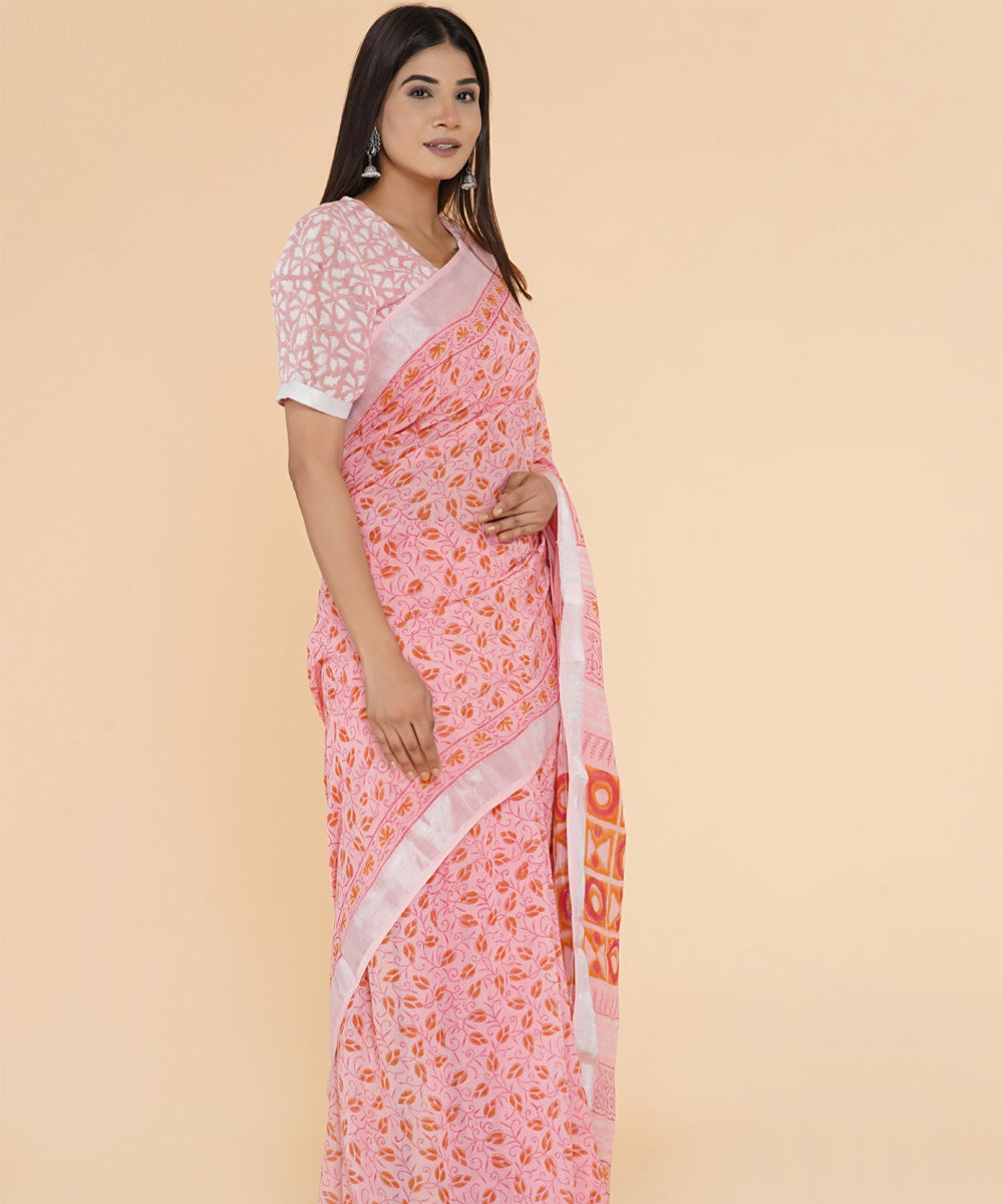 Pink red hand sanganeri printed cotton saree