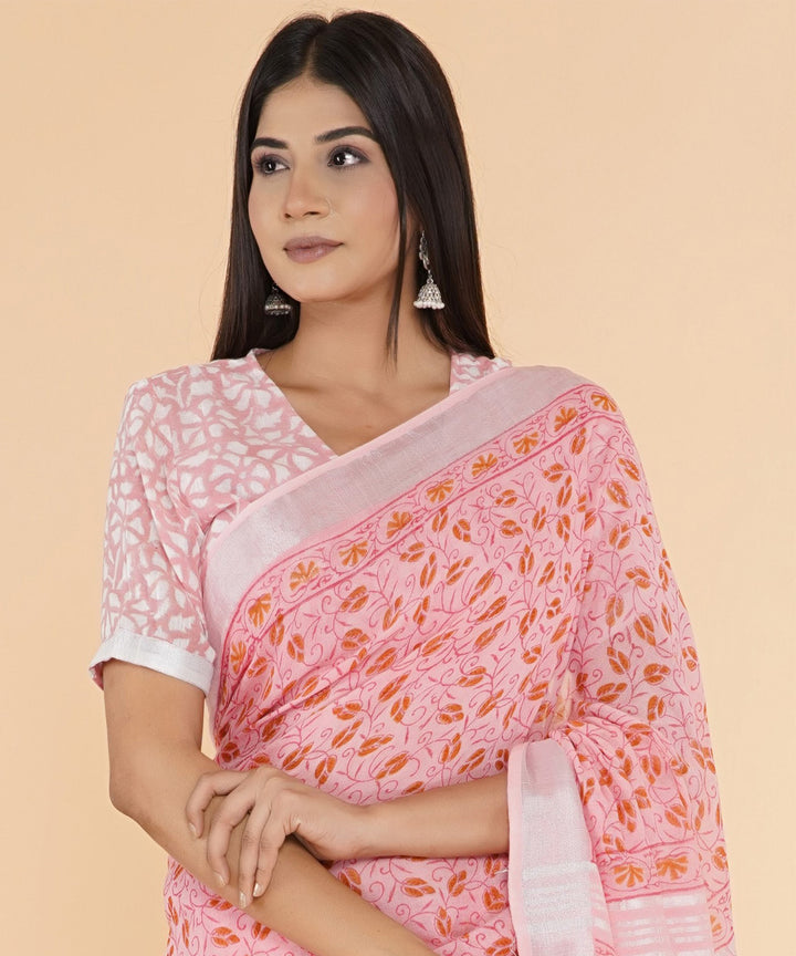 Pink red hand sanganeri printed cotton saree