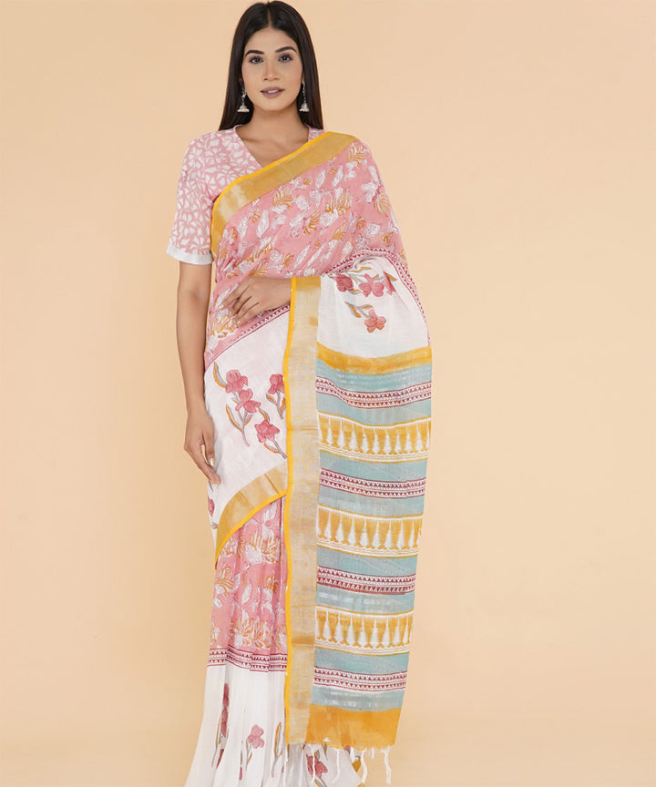 Multicolor offwhite hand sanganeri printed cotton saree