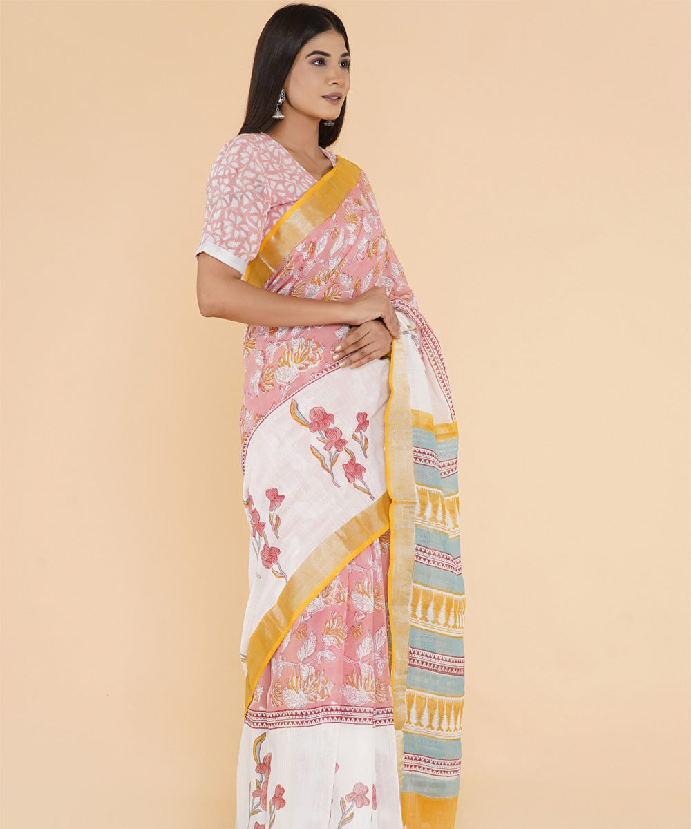 Multicolor offwhite hand sanganeri printed cotton saree