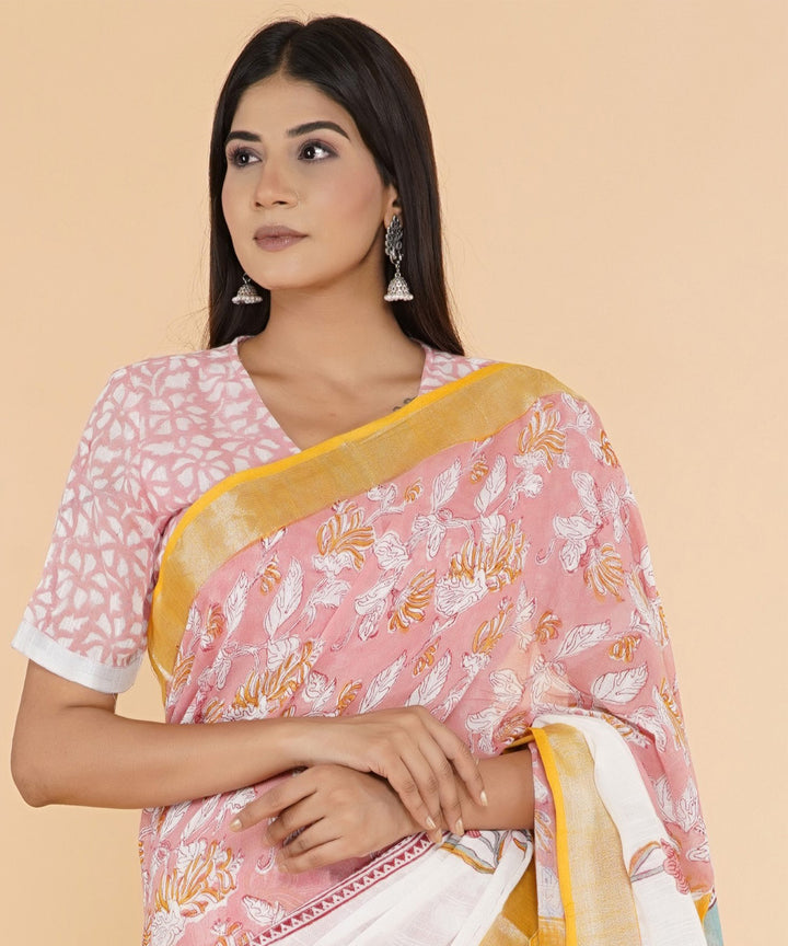 Multicolor offwhite hand sanganeri printed cotton saree