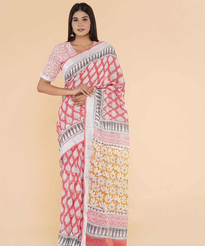 Red mustard hand sanganeri printed cotton saree