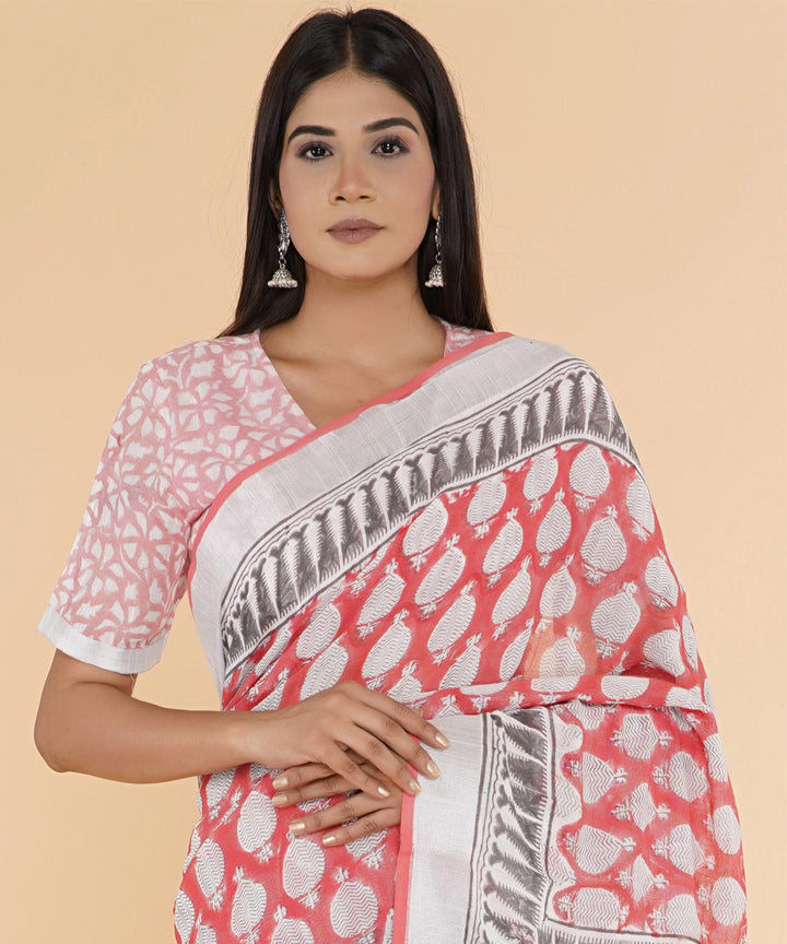 Red mustard hand sanganeri printed cotton saree