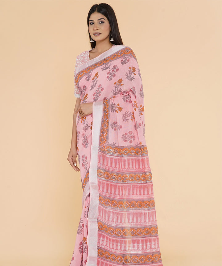 Pink floral hand sanganeri printed cotton saree