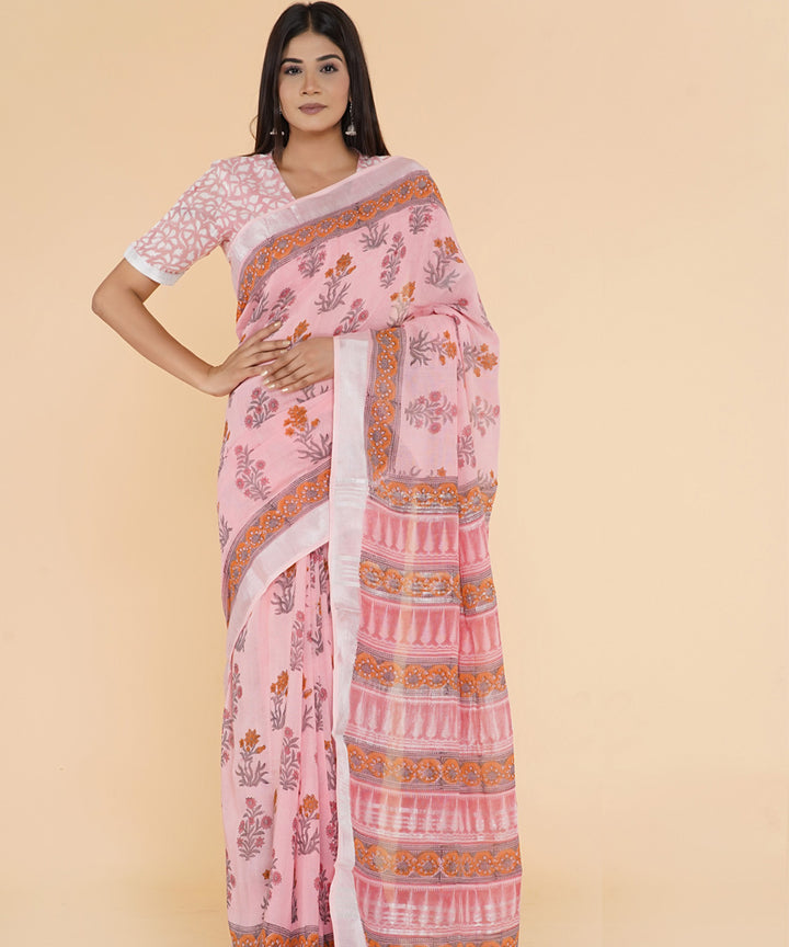 Pink floral hand sanganeri printed cotton saree