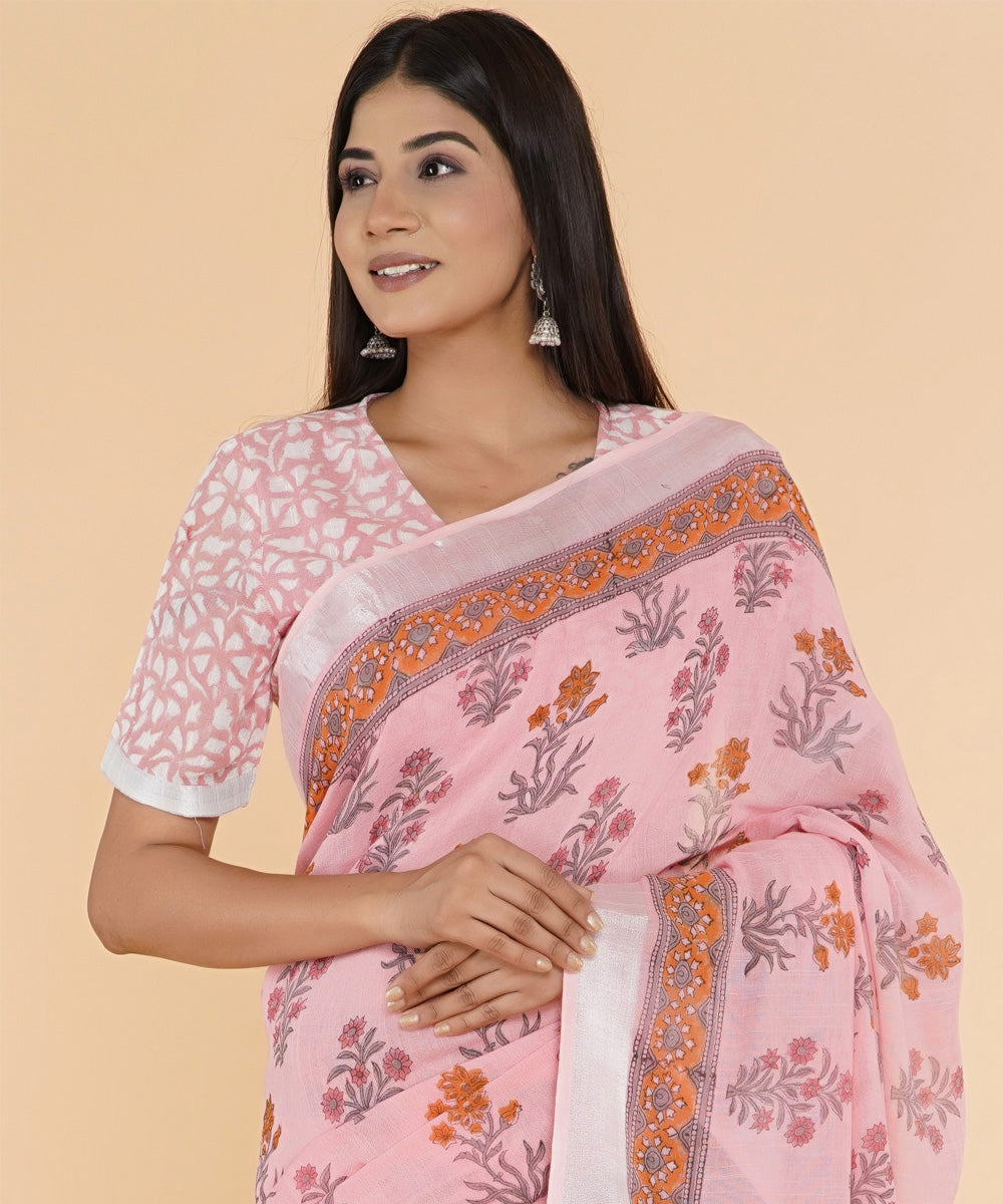 Pink floral hand sanganeri printed cotton saree