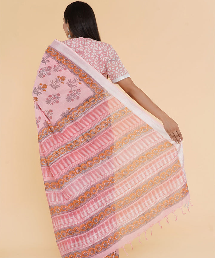 Pink floral hand sanganeri printed cotton saree