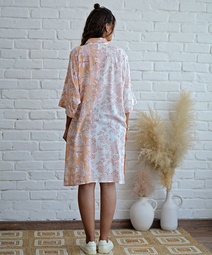 Peach floral handblock printed modal oversize shirt