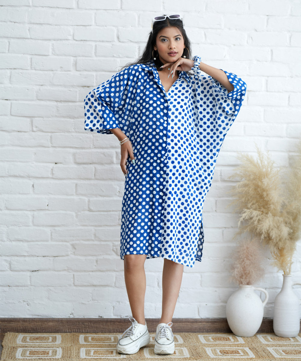 White blue polka dot handblock printed modal oversized shirt