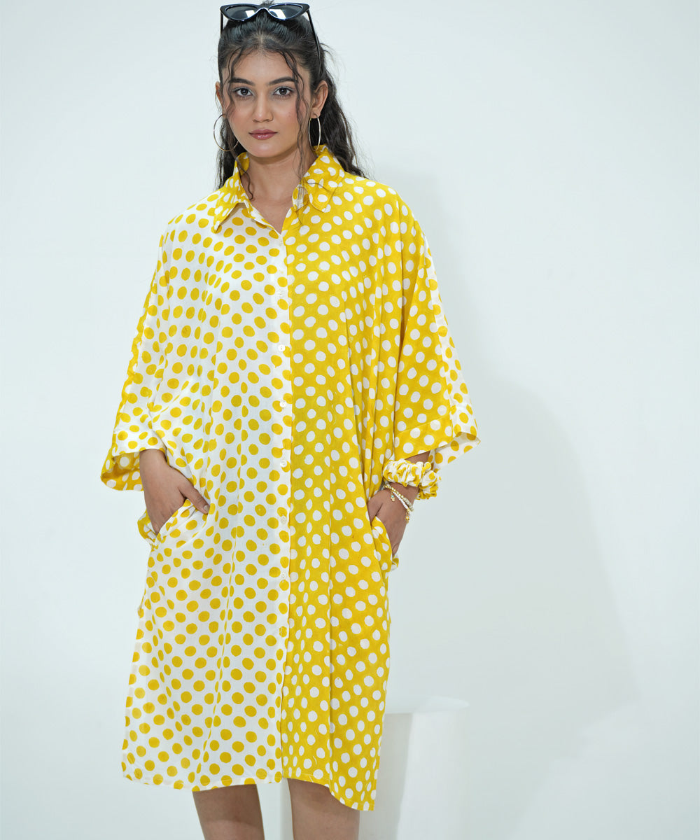 White yellow polka dot handblock printeed modal oversize shirt