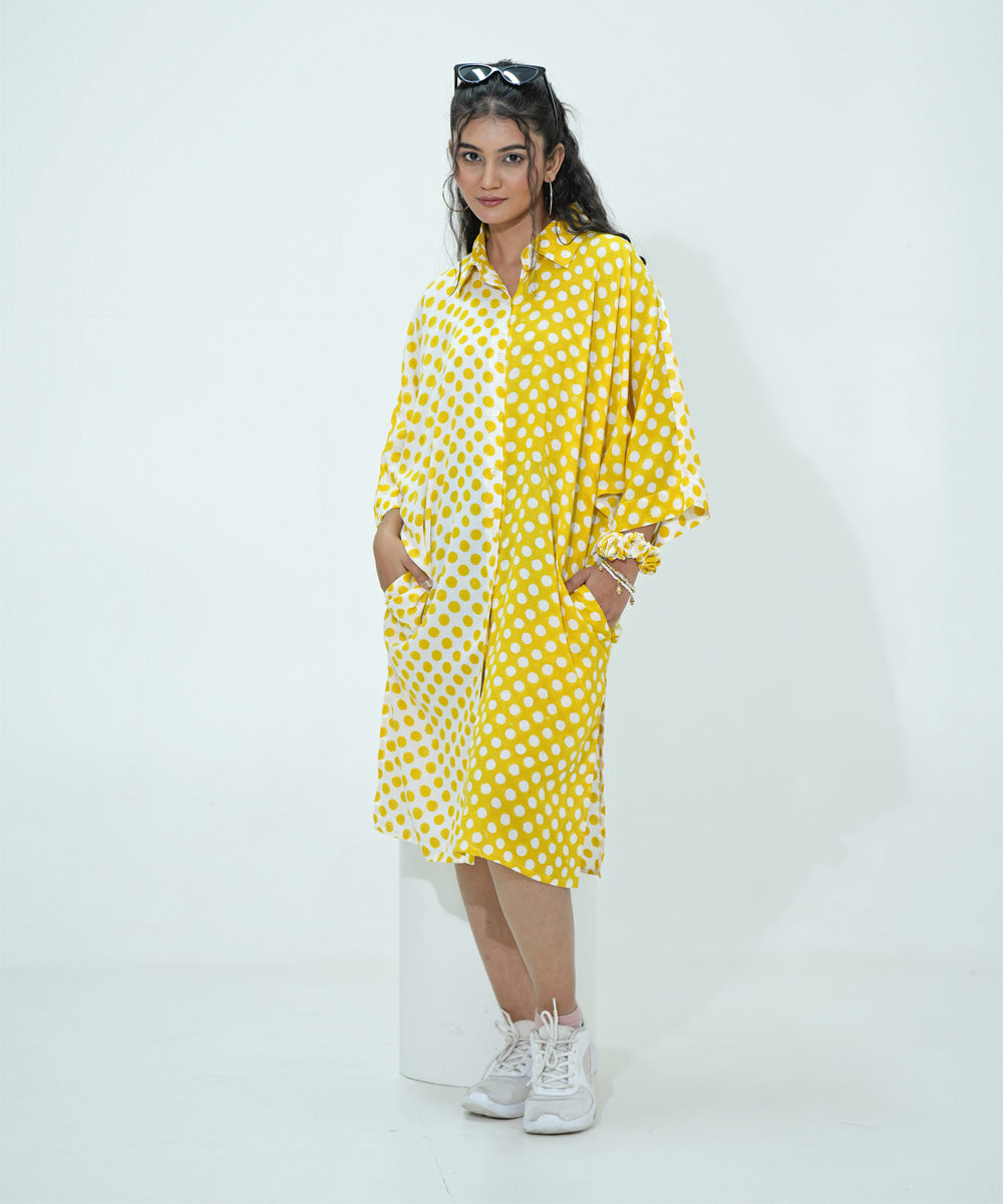 White yellow polka dot handblock printeed modal oversize shirt