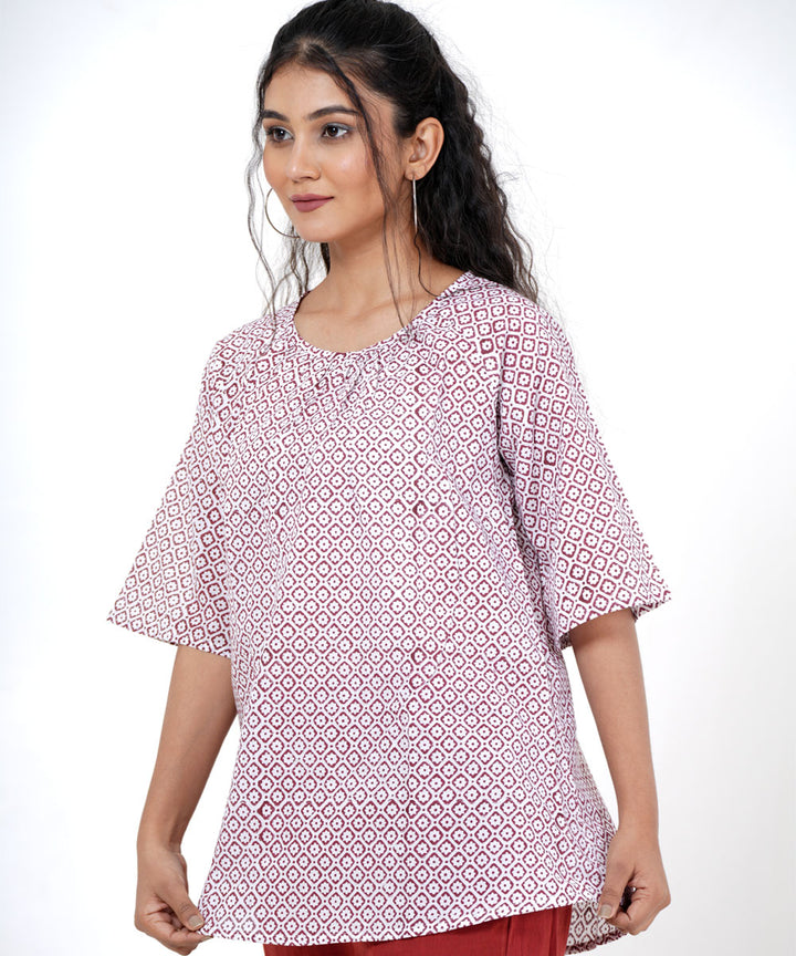 White maroon handblock printed cotton top