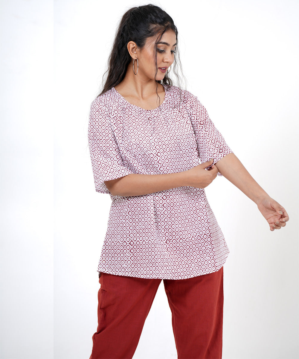 White maroon handblock printed cotton top