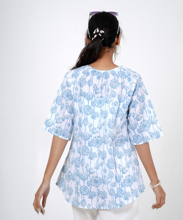 White skyblue handblock printed cotton top