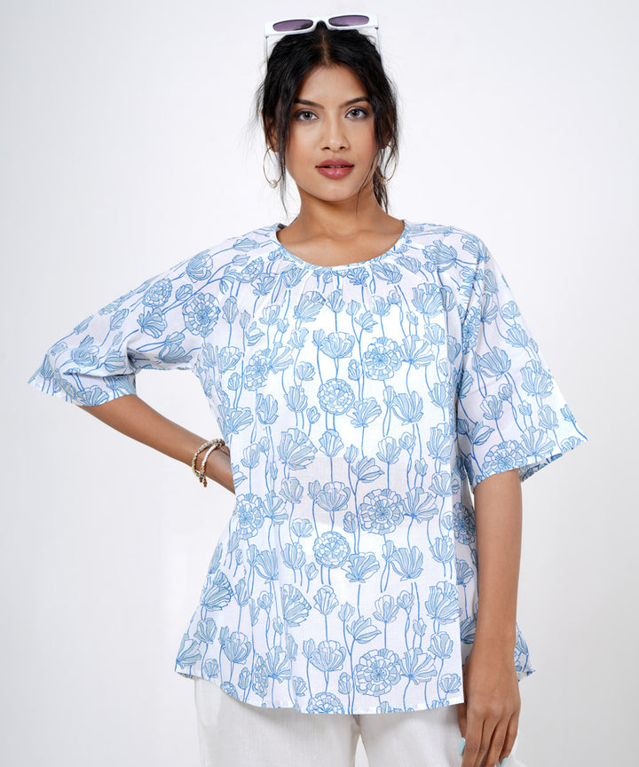 White skyblue handblock printed cotton top