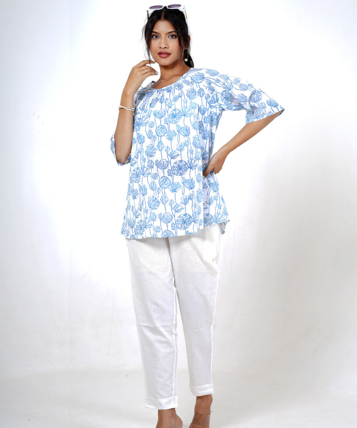 White skyblue handblock printed cotton top