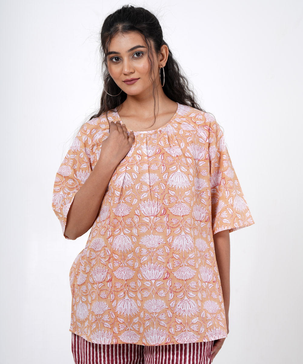 Orange white handblock printed cotton top