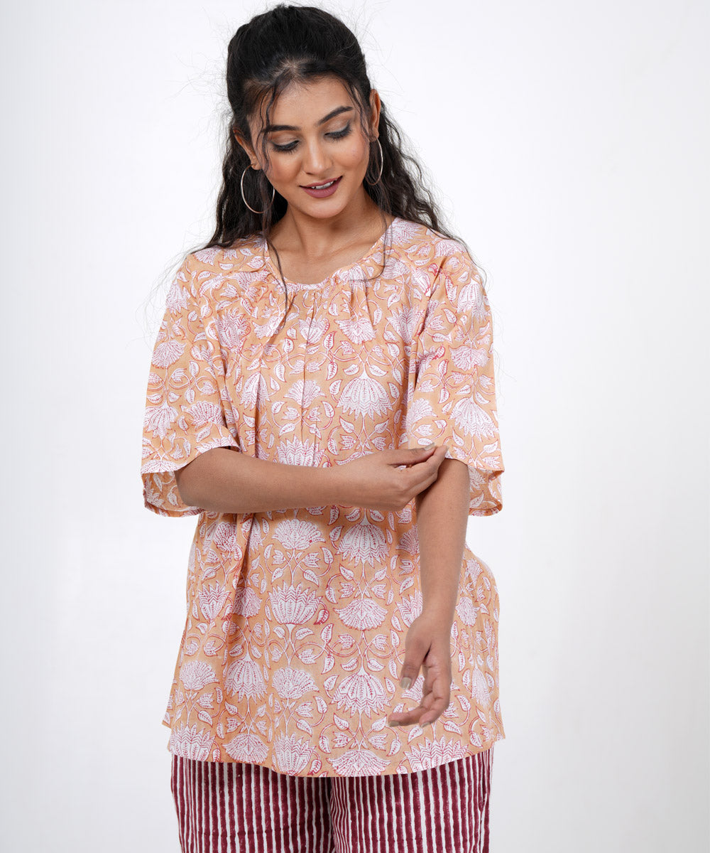 Orange white handblock printed cotton top