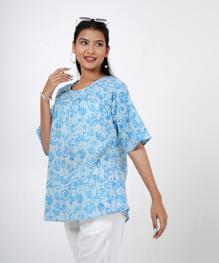 Skyblue handblock printed cotton floral top