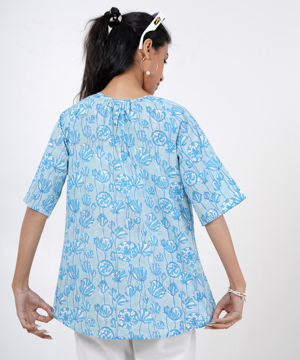 Skyblue handblock printed cotton floral top