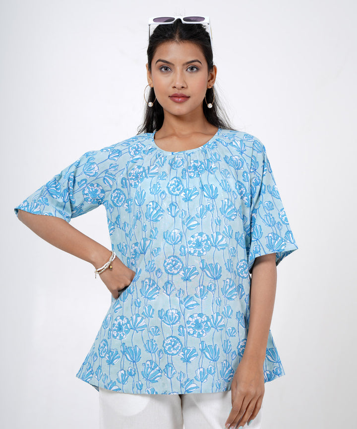 Skyblue handblock printed cotton floral top