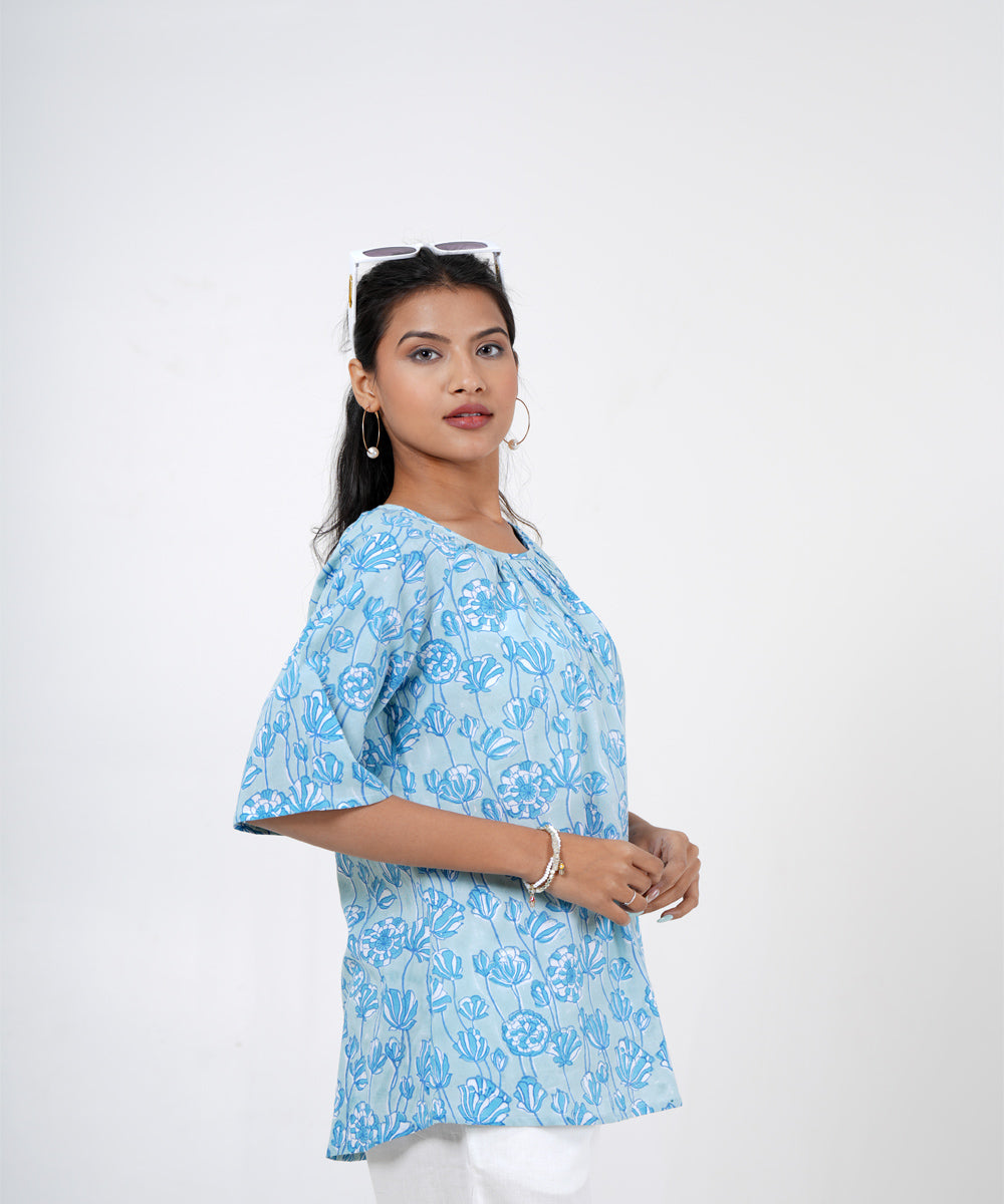 Skyblue handblock printed cotton floral top