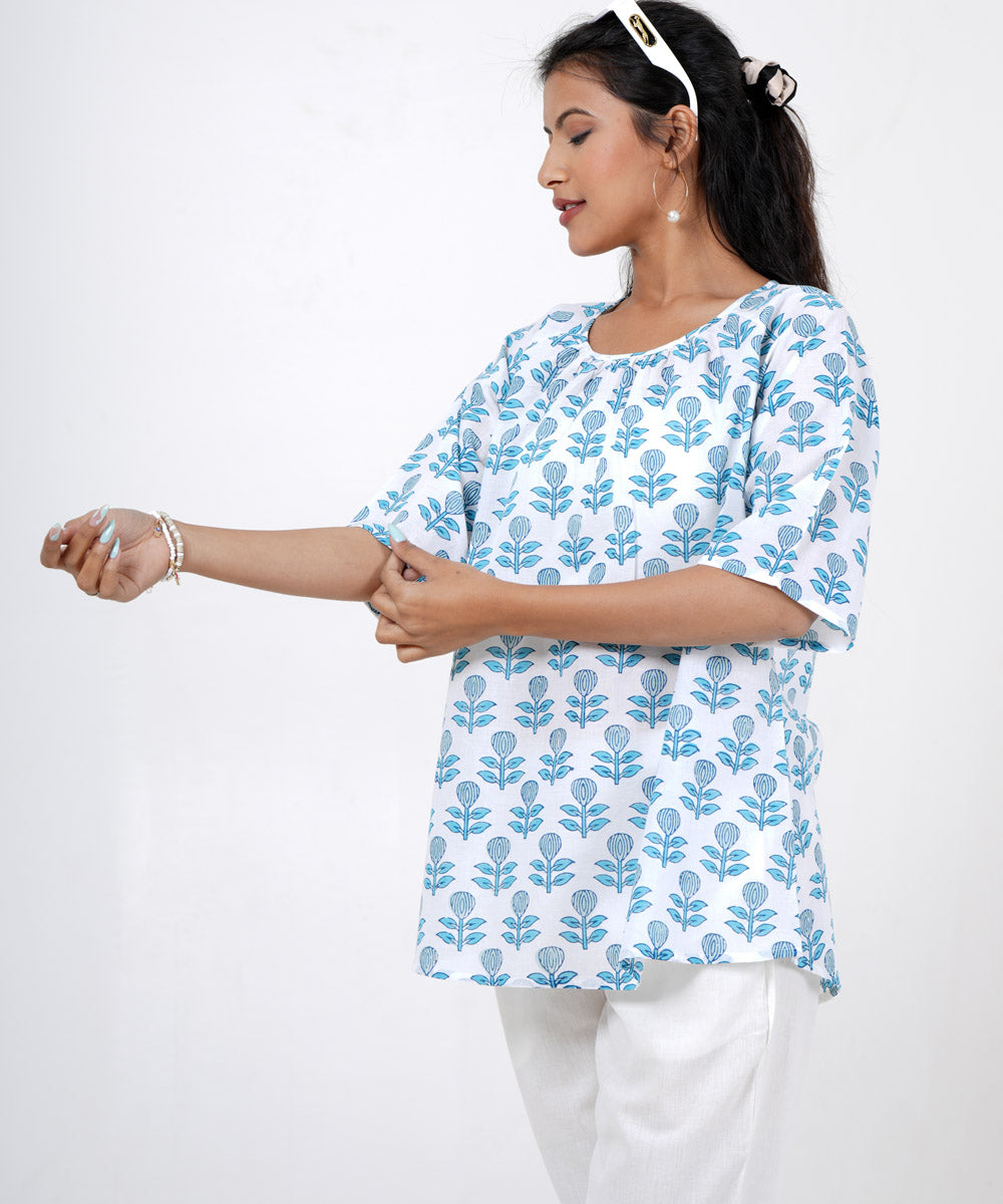 White hand block cotton petel printed top