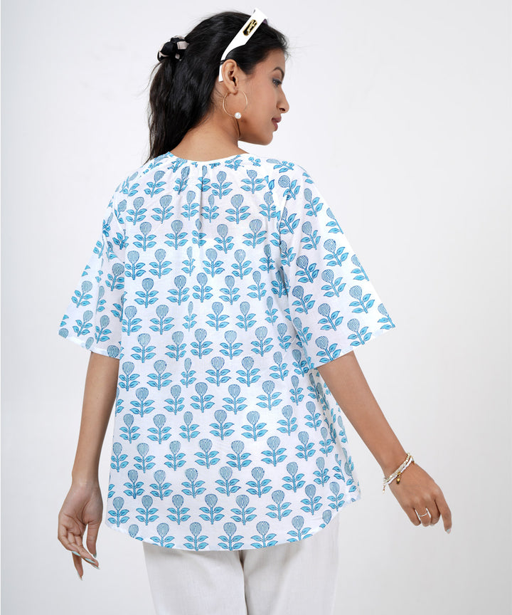 White hand block cotton petel printed top