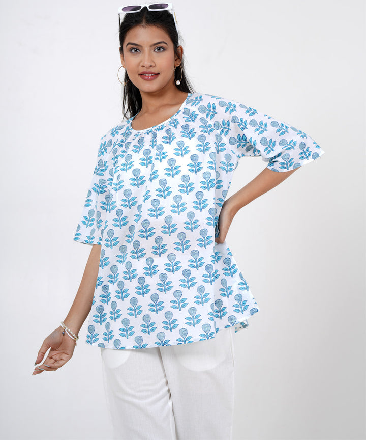 White hand block cotton petel printed top