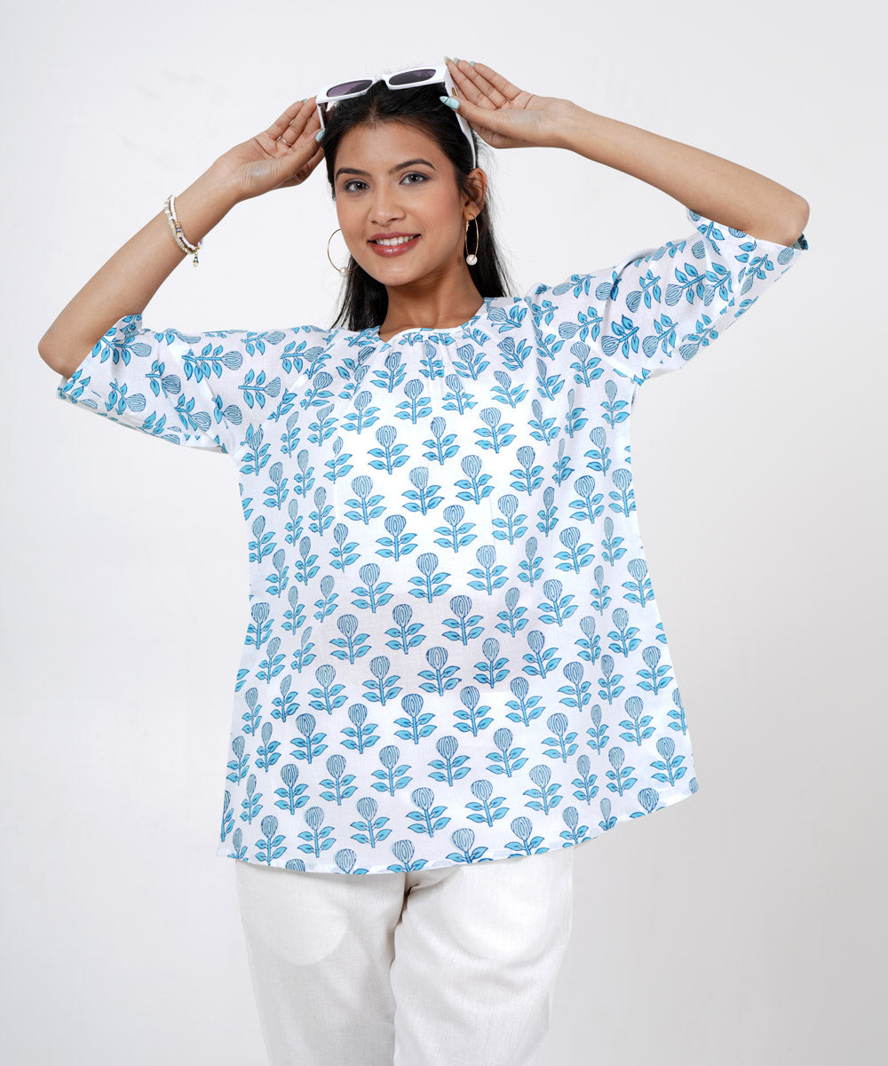 White hand block cotton petel printed top