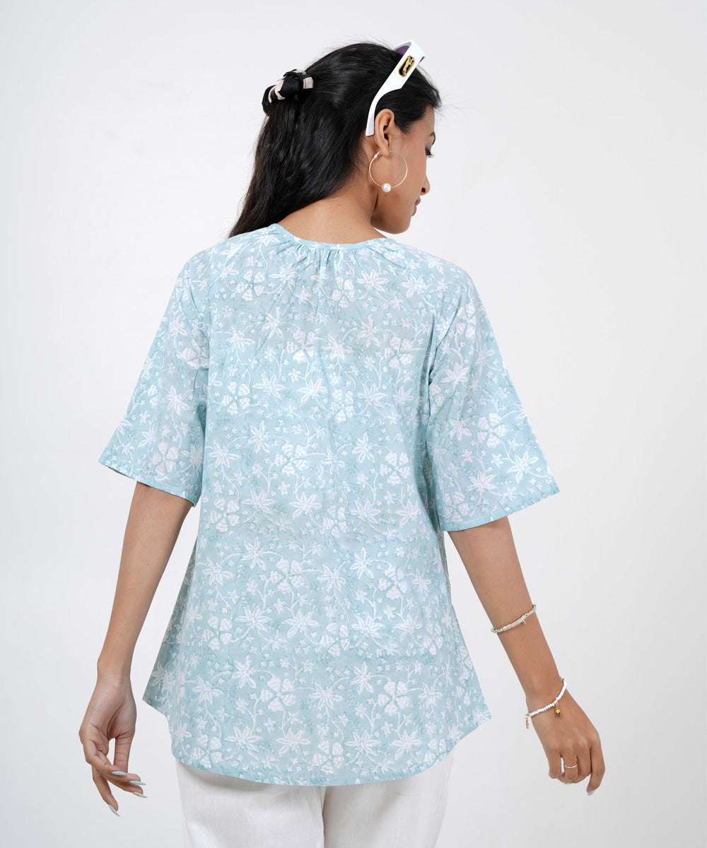 Sky blue white floral block printed cotton top