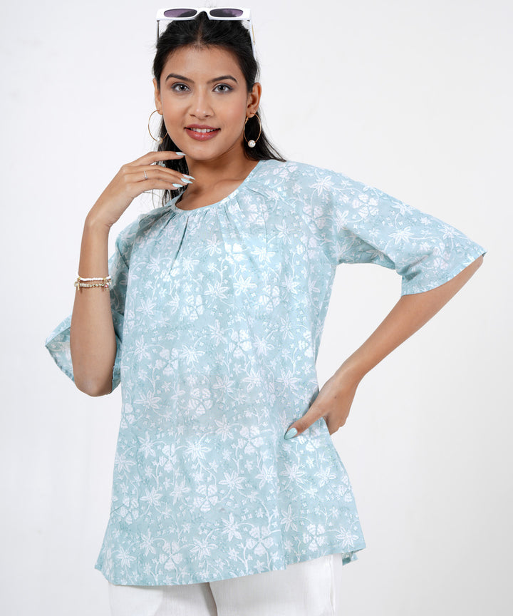 Sky blue white floral block printed cotton top