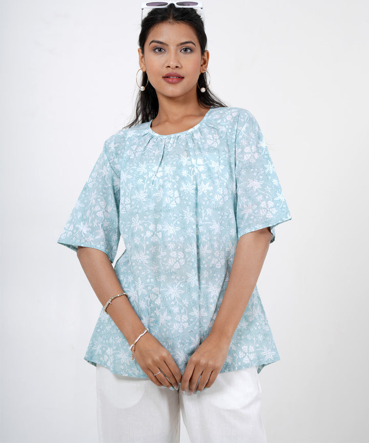 Sky blue white floral block printed cotton top