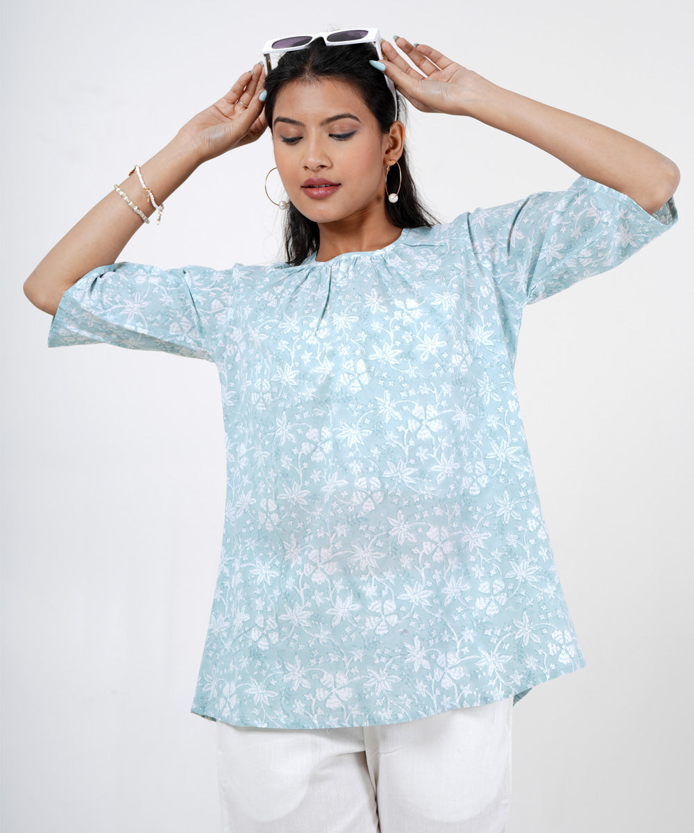 Sky blue white floral block printed cotton top