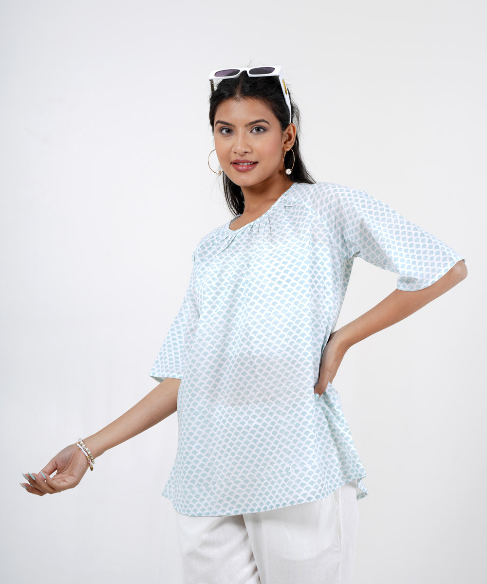 Skyblue asymmetric handblock printed cotton top