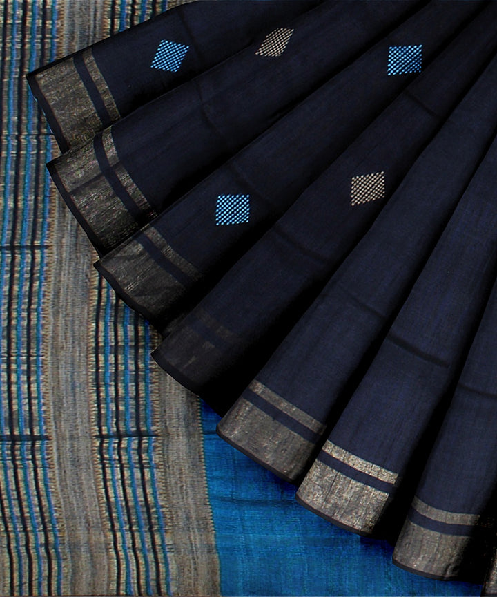 Black cyan blue handwoven raw silk bhagalpur saree