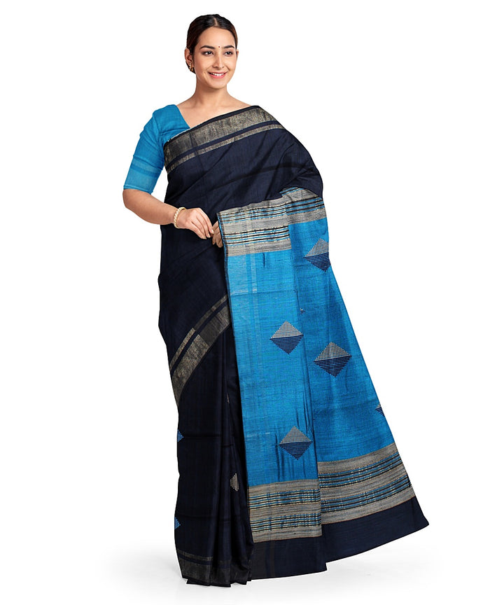 Black cyan blue handwoven raw silk bhagalpur saree