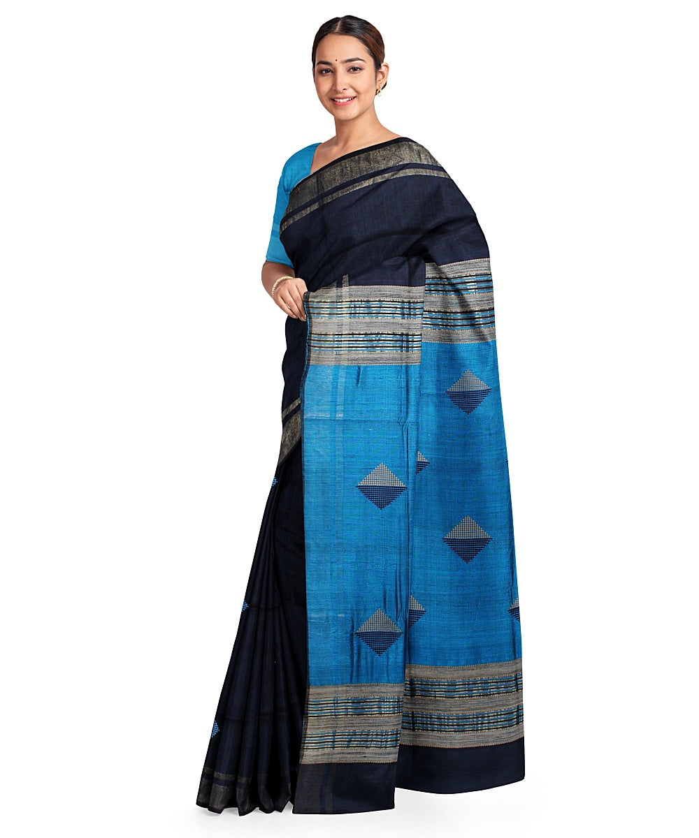 Black cyan blue handwoven raw silk bhagalpur saree