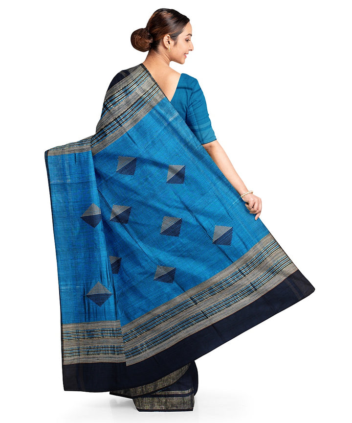Black cyan blue handwoven raw silk bhagalpur saree